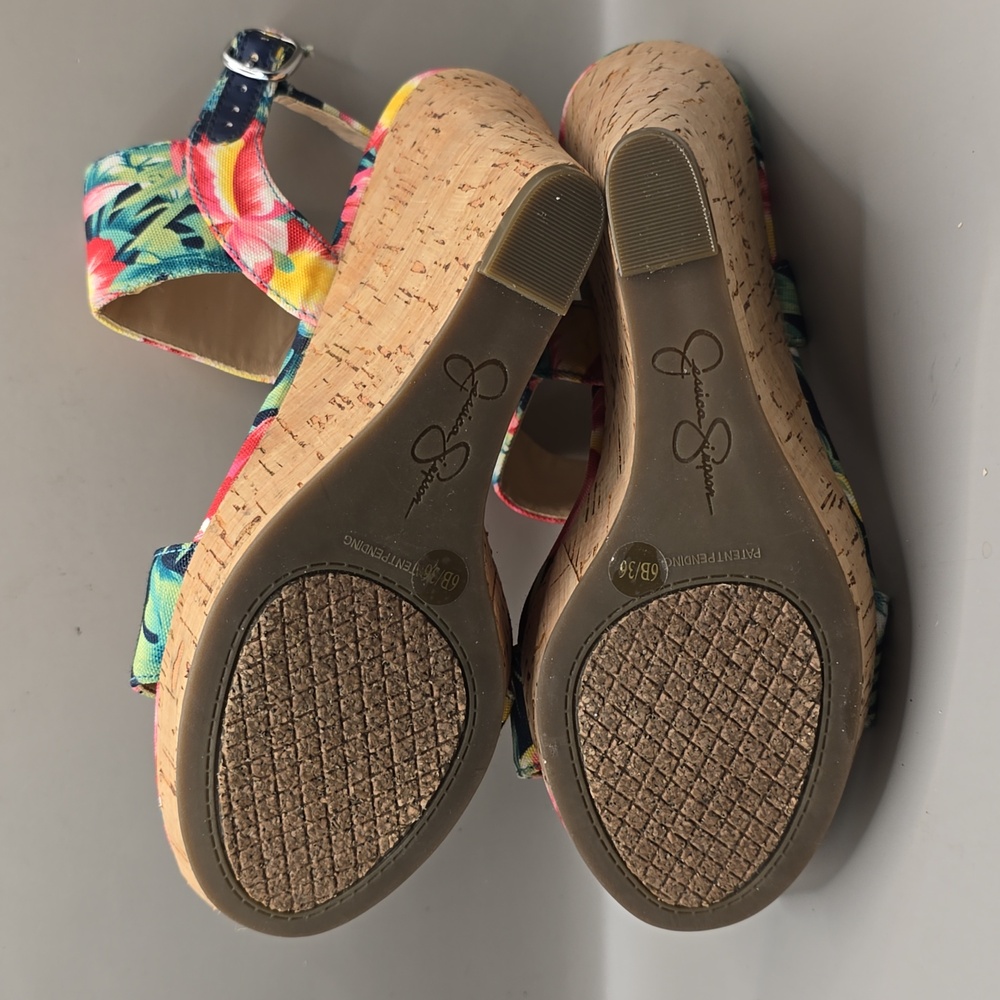 Jessica Simpson Wedge Sandal Sz 6 Cork Fabric Upper Sling Back Tropical Colorful - Picture 5 of 12